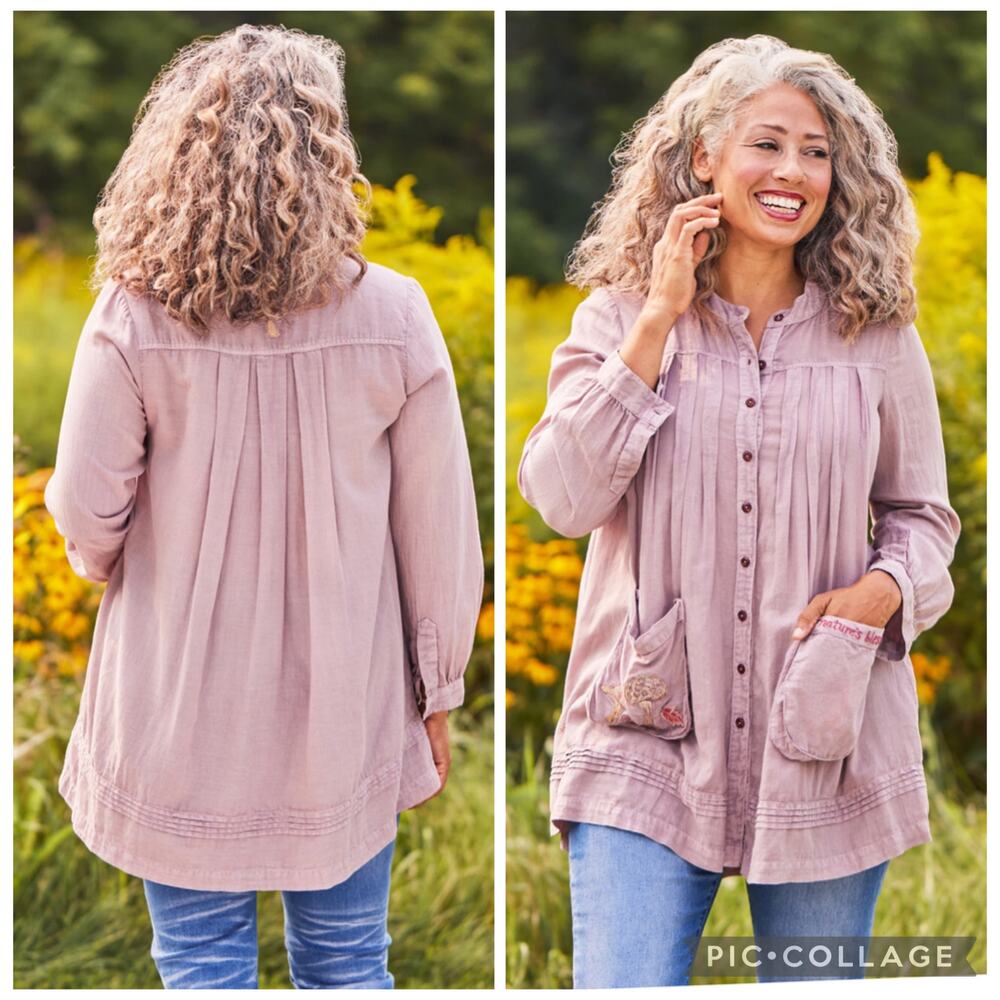 April Cornell Burnished Lilac Mushroom Artist Smock Tunic Small Embroidered
